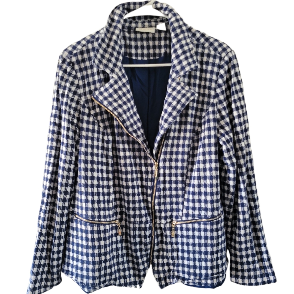 Chico's Blue White Gingham Soft Stretchy Blazer Size 2 (Large)